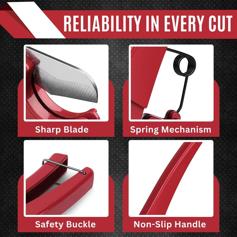 Flexzion Pipe and Tube Cutter Tool - One-Handed PVC Pipe Cutter, 1/8" to 1-1/4" Durable PEX Cutting Tool, Aluminum Ratcheting PVC Cutter for Plumbers & DIY Enthusiasts, Red - Image 3
